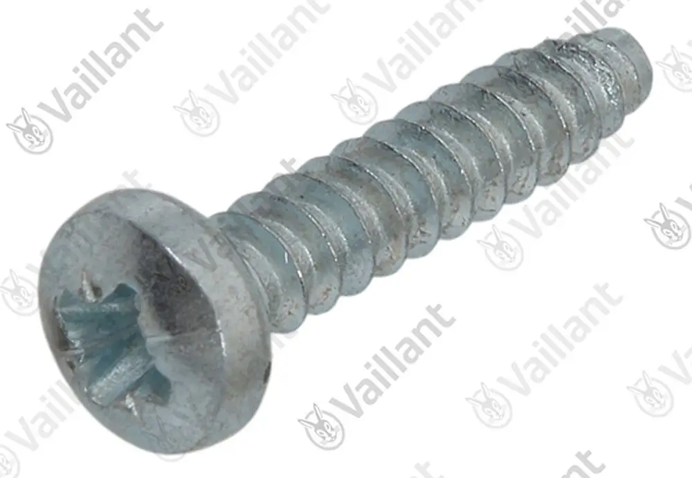 Blechschraube aus Metall mit senkrechten Gewindegängen und einer flachen Kuppe, zum Einsatz in Vaillant Produkten geeignet.